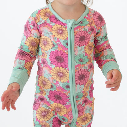 Blue Pink Flowers Bloom Bamboo Baby Zipper Romper Pajamas