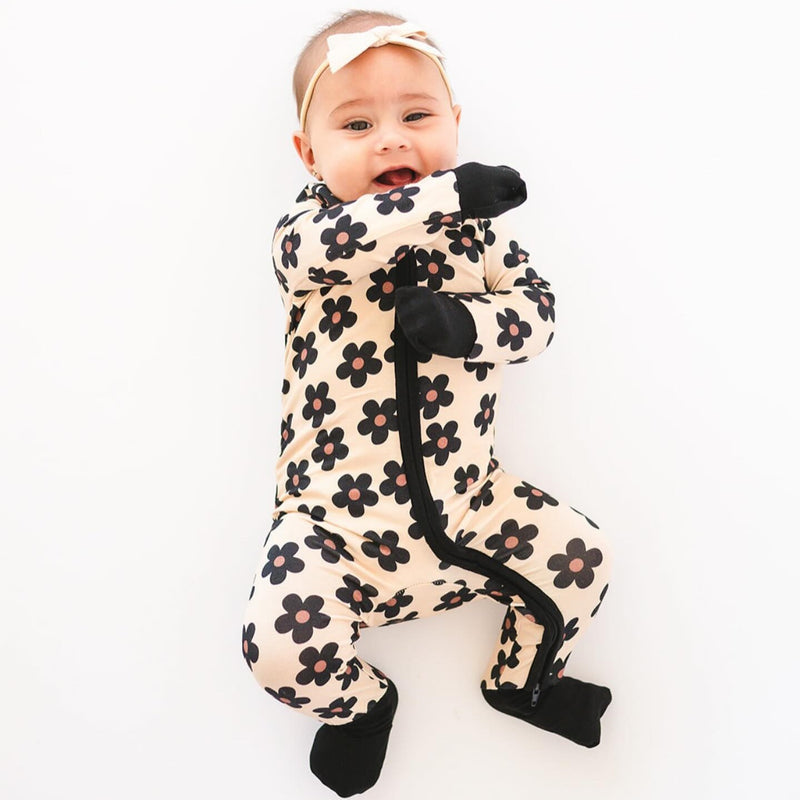 Black Daisy Bamboo Zipper Romper Pajamas