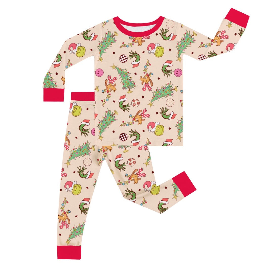 Christmas Green Guy Deer Kids Bamboo 2 Pieces Pajama Set