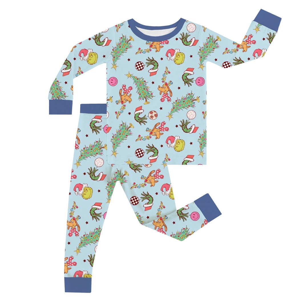 Christmas Green Guy Deer Kids Bamboo 2 Pieces Pajama Set