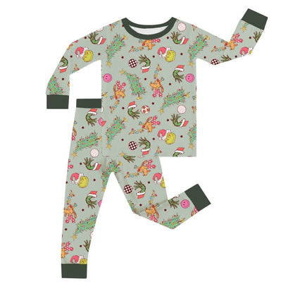 Christmas Green Guy Deer Kids Bamboo 2 Pieces Pajama Set