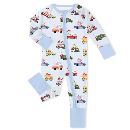 Valentine Hearts on Wheels Bamboo Zipper Romper Pajamas