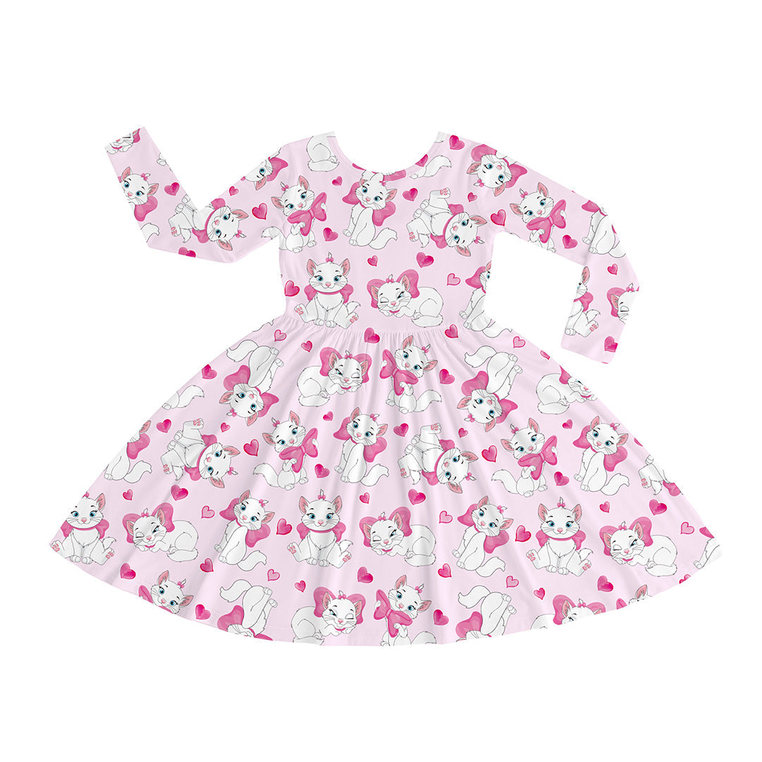 Valentine's Day Girl's Bow Cat Kid Bamboo Long Sleeve Dress