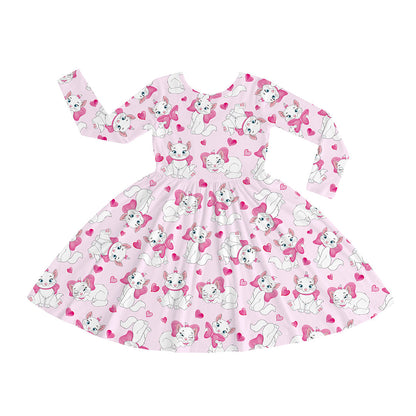 Valentine's Day Girl's Bow Cat Kid Bamboo Long Sleeve Dress
