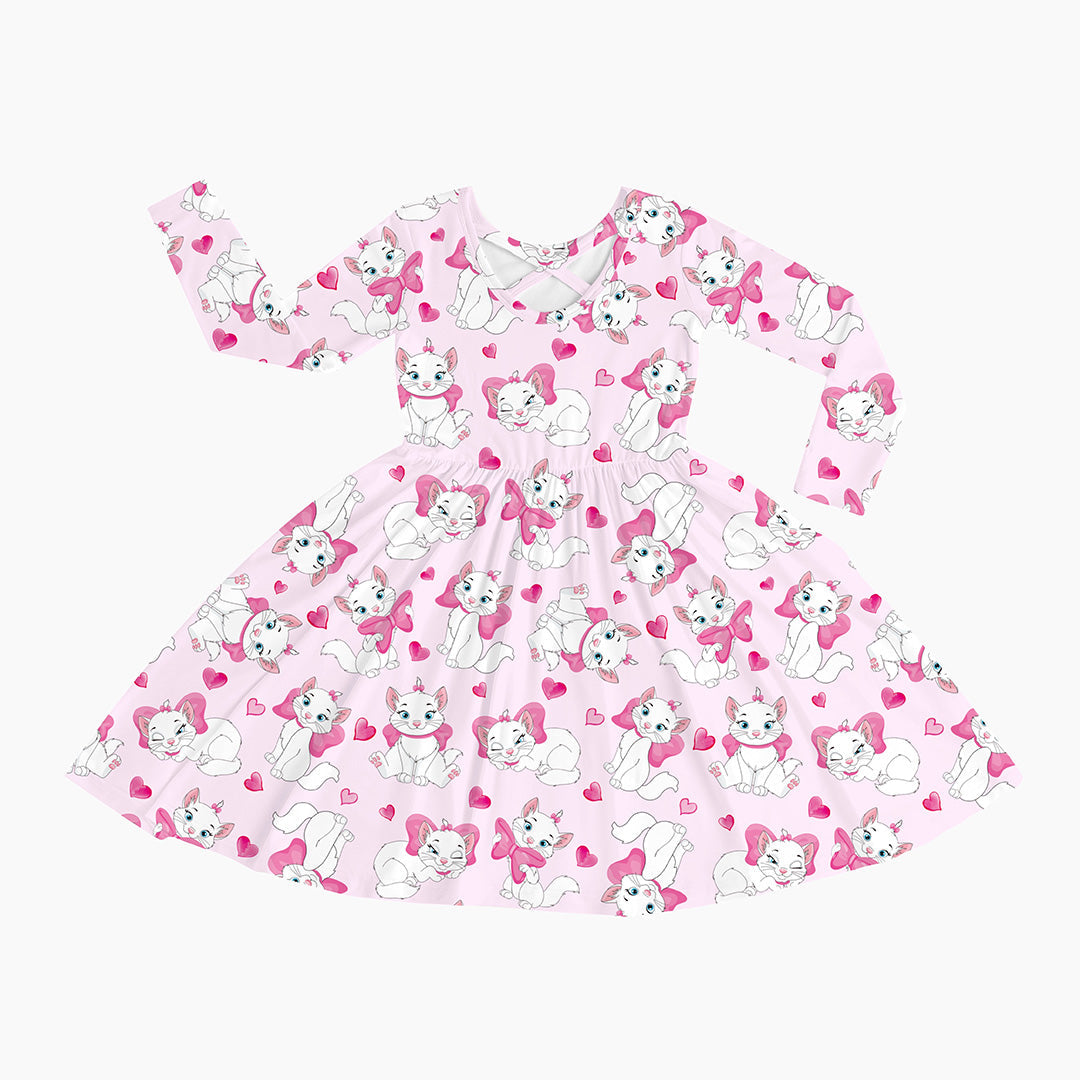 Valentine's Day Girl's Bow Cat Kid Bamboo Long Sleeve Dress