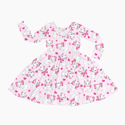 Valentine's Day Girl's Bow Cat Kid Bamboo Long Sleeve Dress
