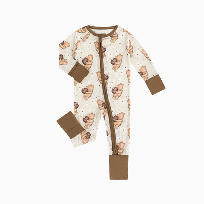 Cozy Beige Bear Pattern Bamboo Zipper Pajamas