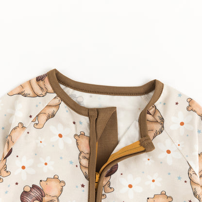 Cozy Beige Bear Pattern Bamboo Zipper Pajamas