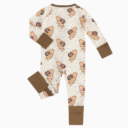 Cozy Beige Bear Pattern Bamboo Zipper Pajamas