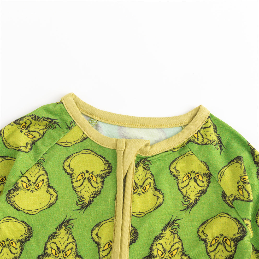 Christmas Green Guy Print Bamboo 2 Way Zipper Romper