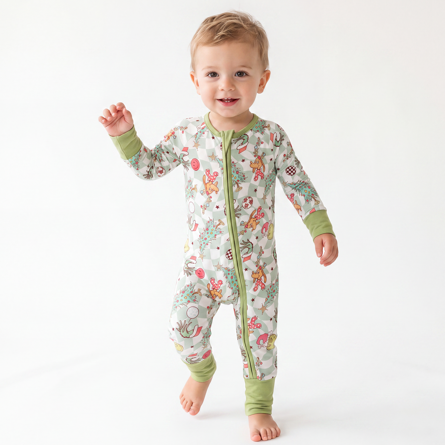Christmas Green Cartoon Figure Baby Bamboo Zipper Romper Green