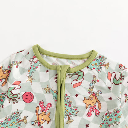 Christmas Green Cartoon Figure Baby Bamboo Zipper Romper Green