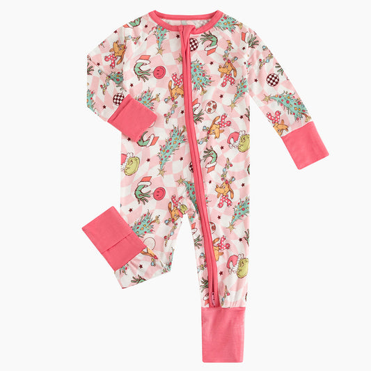 Christmas Green Cartoon Figure Baby Pink Bamboo Zipper Romper Pink