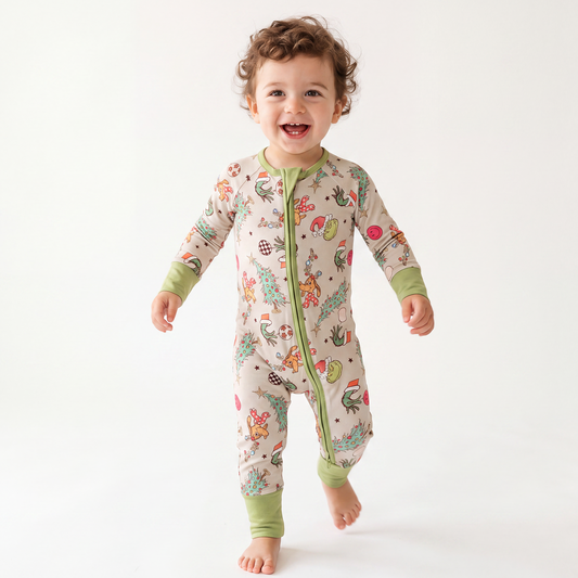 Christmas Prasinous Color Cute Cartoon Figure & Deer Bamboo Viscose Zippy Baby Romper