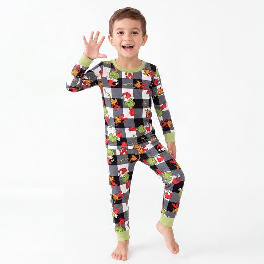 Christmas Green Guy Plaid Kids Bamboo Long Pajama Set