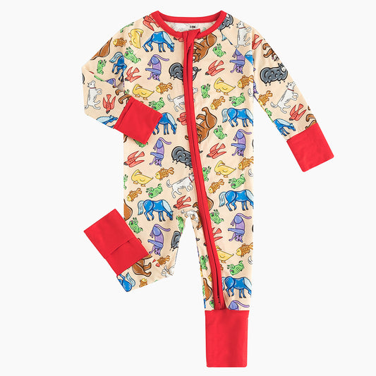 Various Animals Print Baby Bamboo Zipper Romper Pajamas