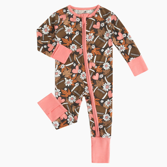 Flower American Football Baby Bamboo Zipper Romper Pajamas