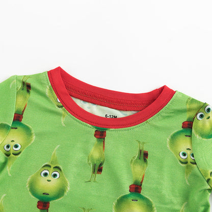 Christmas 3D Green Face Kids Bamboo Long Sleeve Pja Set