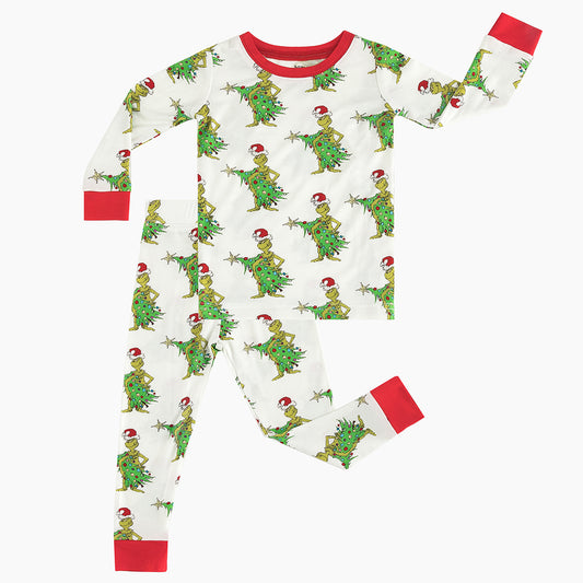 Christmas Tree Green Face Long Sleeve Bamboo 2 Piece Set