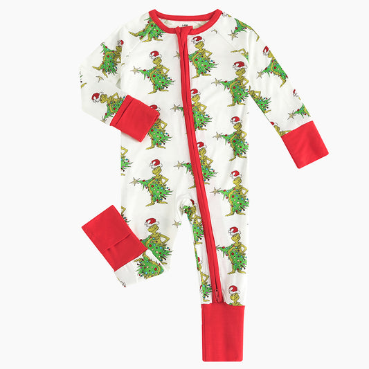 Christmas Tree Green Face Bamboo Zip Romper