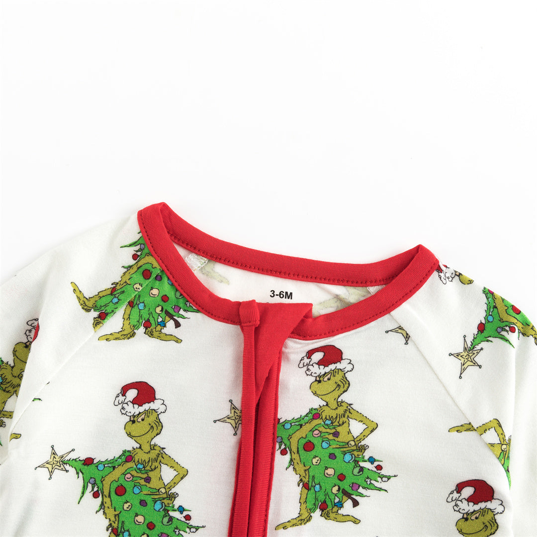 Christmas Tree Green Face Bamboo Zip Romper