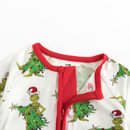 Christmas Tree Green Face Bamboo Zip Romper