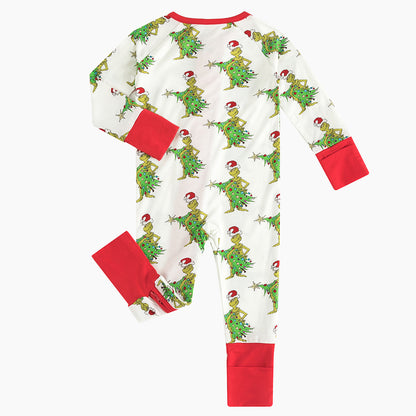 Christmas Tree Green Face Bamboo Zip Romper