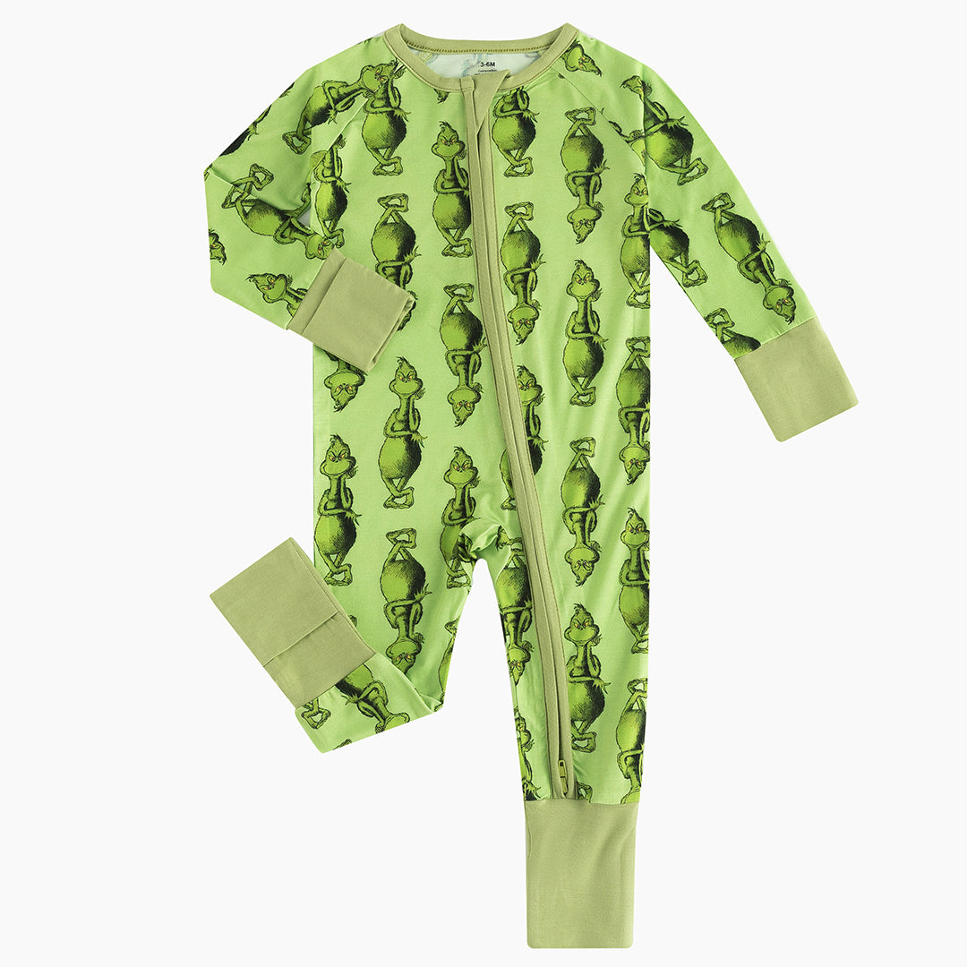 Christmas Green Face Cartoon Bamboo Zip Romper