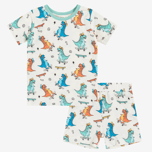 Skateboarding Dinosaur Bamboo Shorts Kids Pajama Sets