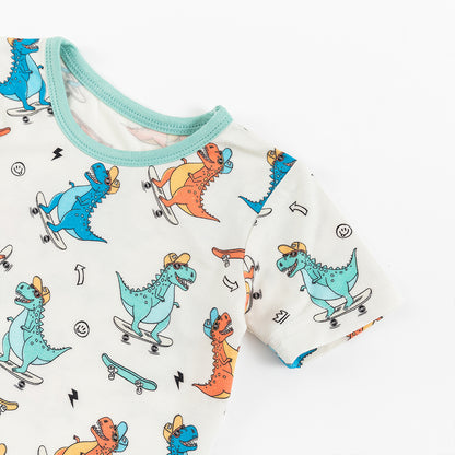 Skateboarding Dinosaur Bamboo Shorts Kids Pajama Sets