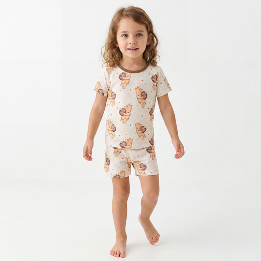 Cozy Beige Baby Bear Paw Print Bamboo Summer Pajama Shorts Set