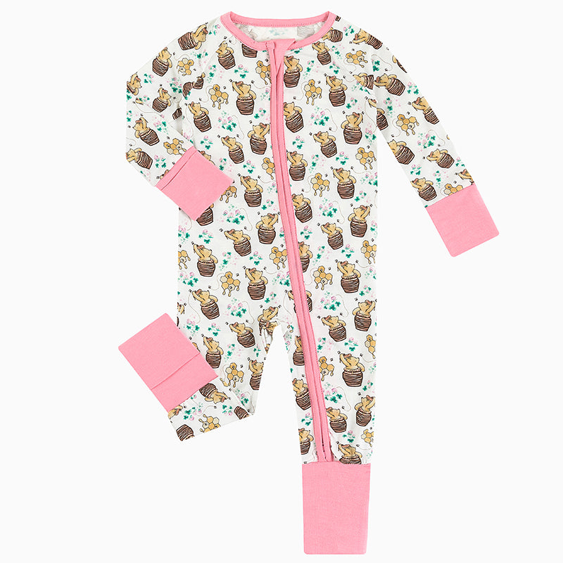 Cute Bear & Honey Print 2 Way Zipper Romper