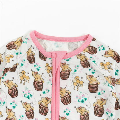 Cute Bear & Honey Print 2 Way Zipper Romper