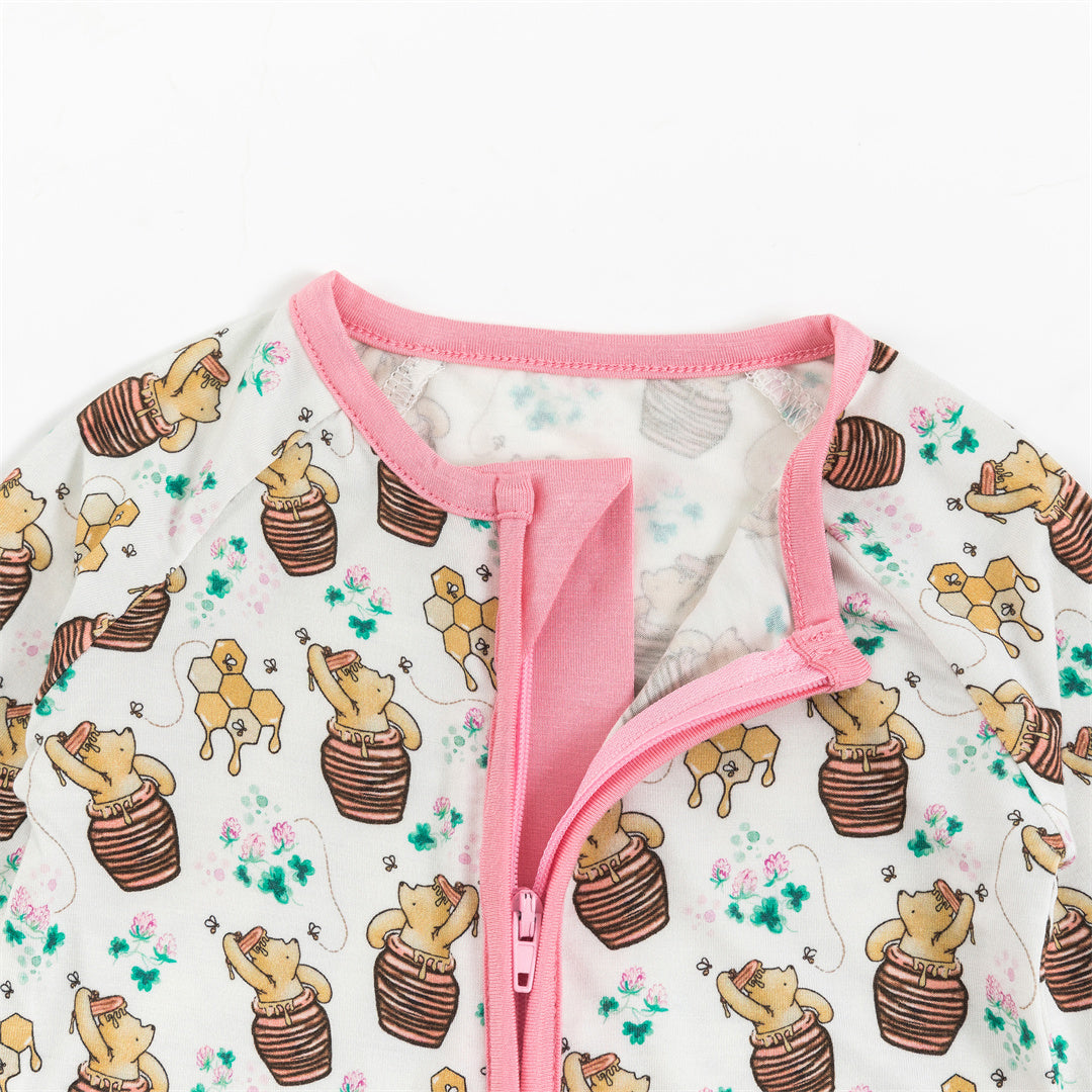 Cute Bear & Honey Print 2 Way Zipper Romper