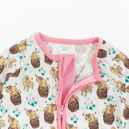 Cute Bear & Honey Print 2 Way Zipper Romper