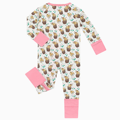 Cute Bear & Honey Print 2 Way Zipper Romper