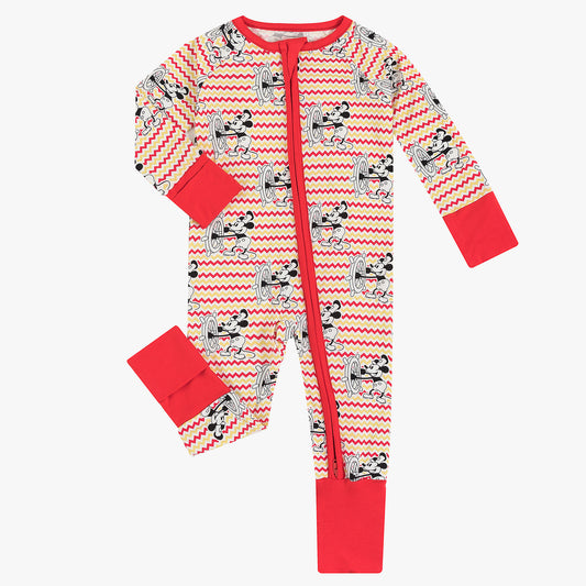 Cartoon Mouse Coxswain Red Printed Bamboo Zipper Romper