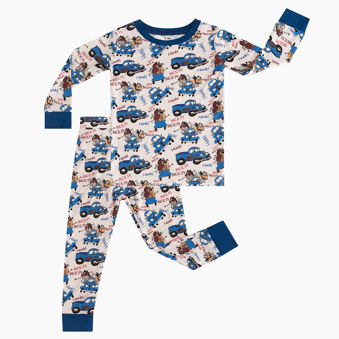 Animal Cargo Truck Two-Piece Bamboo Long Sleeve Kids Pajama Pants Set