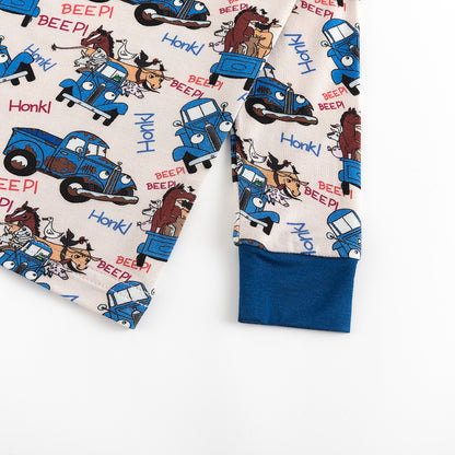 Animal Cargo Truck Two-Piece Bamboo Long Sleeve Kids Pajama Pants Set