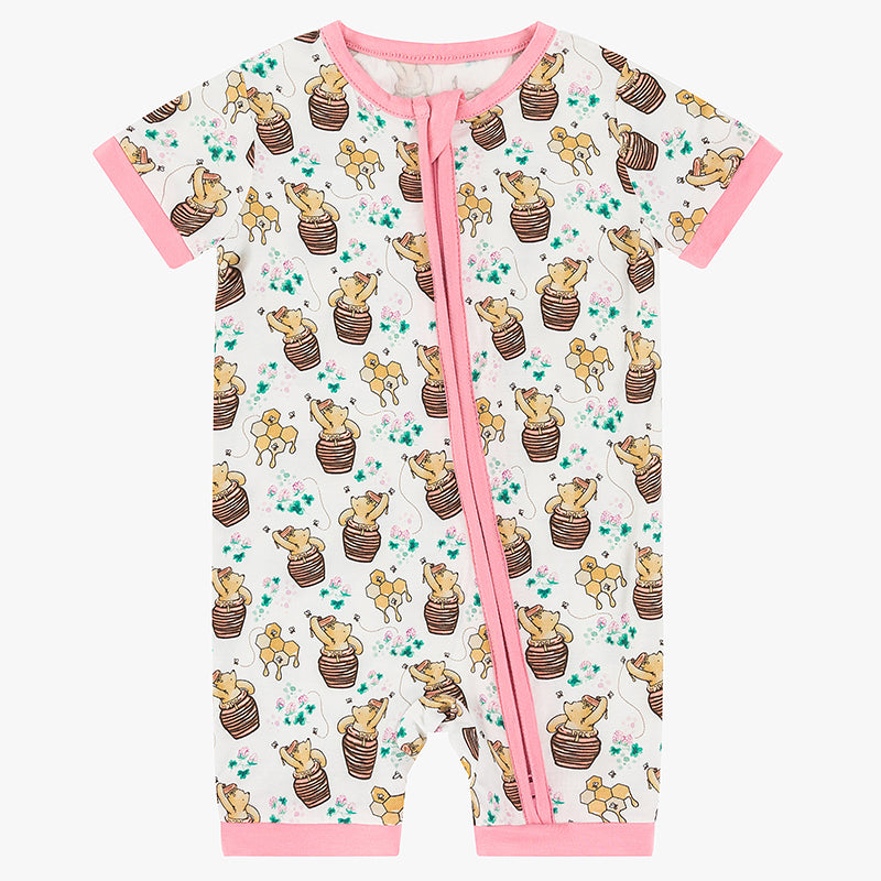 Cute Bear & Honey Print Bamboo Shortie Romper