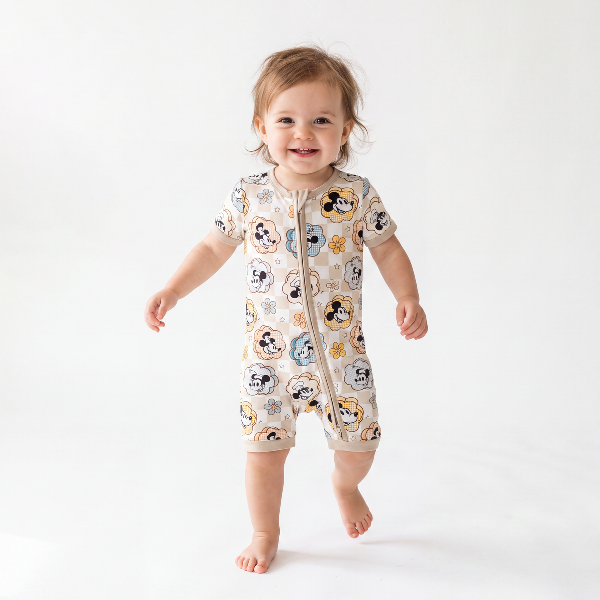 Pastel Floral Mouse Grid Print Bamboo Shorty Romper