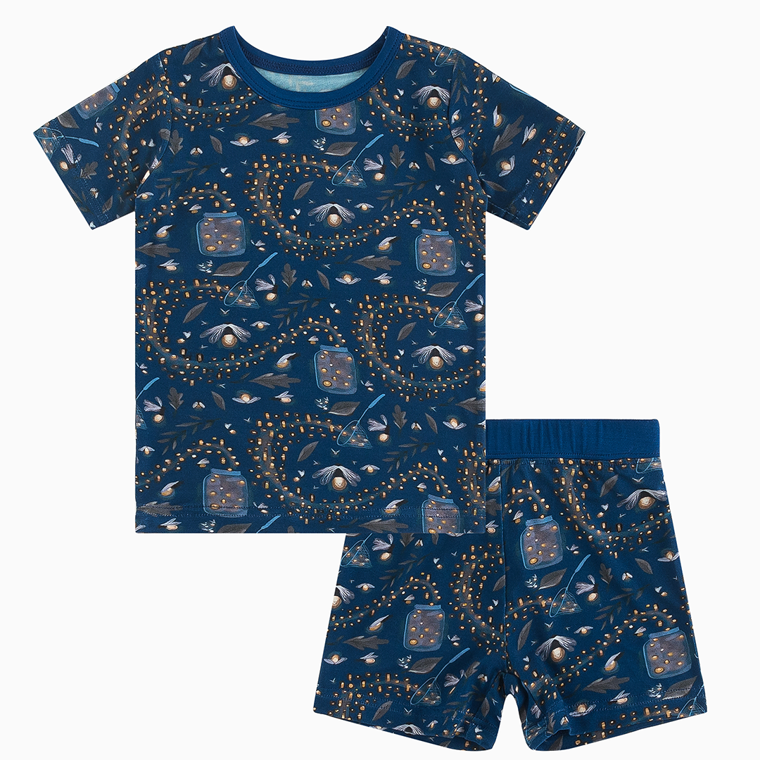 Summer Night Fireflies Printed Dark Blue Bamboo Short Sleeve Set