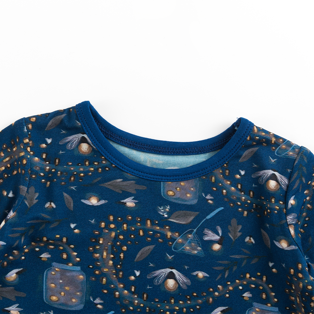 Summer Night Fireflies Printed Dark Blue Bamboo Short Sleeve Set