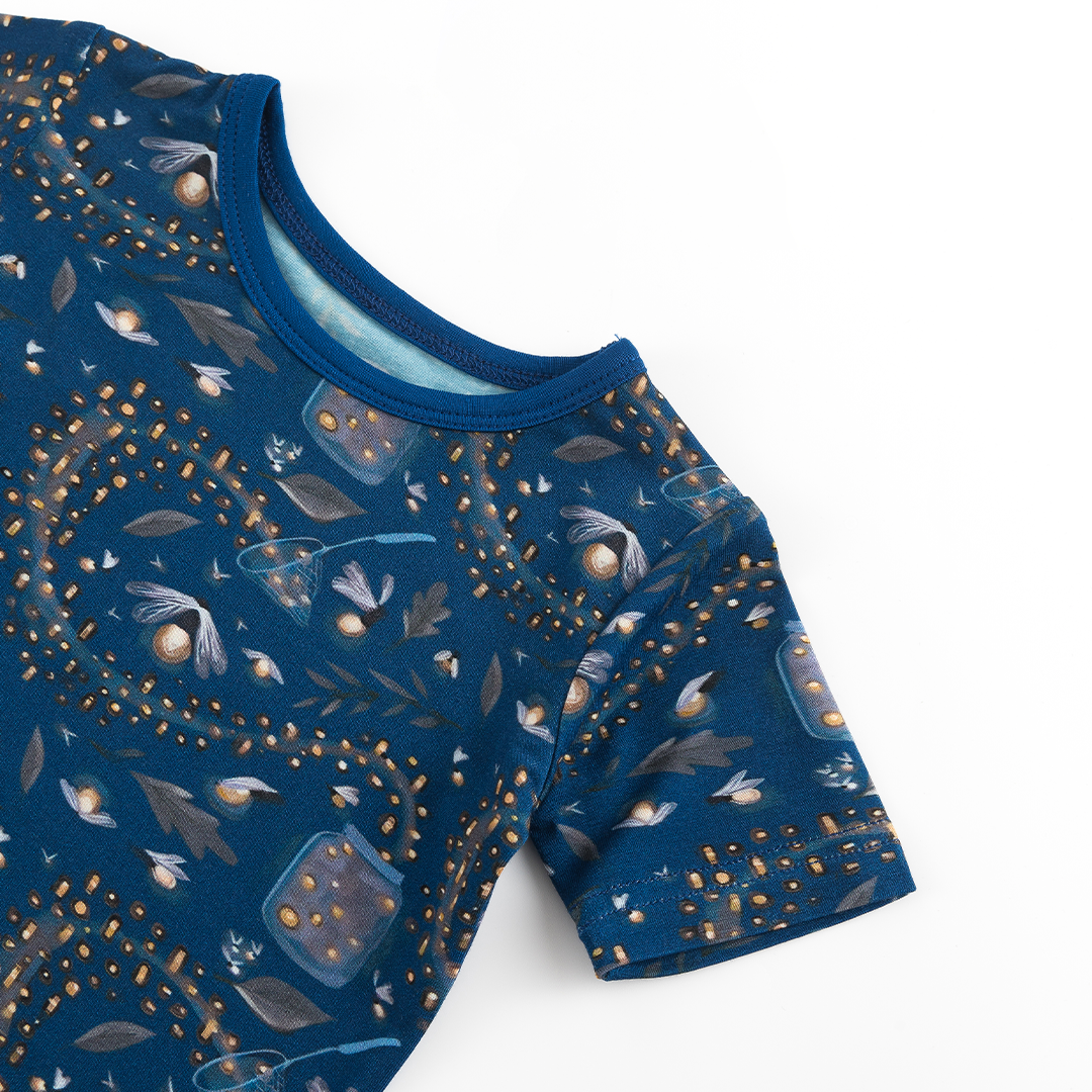 Summer Night Fireflies Printed Dark Blue Bamboo Short Sleeve Set