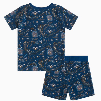 Summer Night Fireflies Printed Dark Blue Bamboo Short Sleeve Set