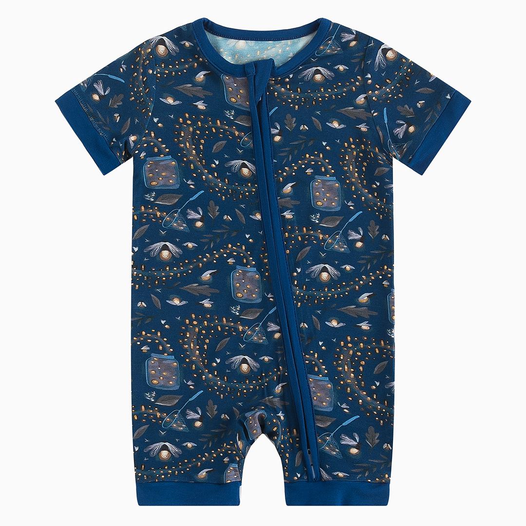 Summer Night Fireflies Printed Dark Blue Bamboo Shortie Zip Romper