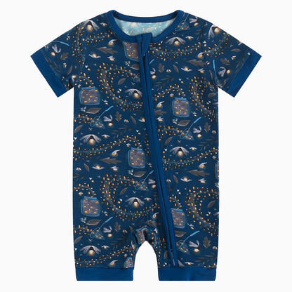 Summer Night Fireflies Printed Dark Blue Bamboo Shortie Zip Romper