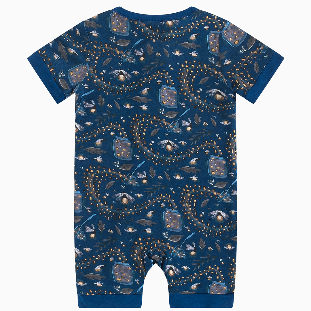 Summer Night Fireflies Printed Dark Blue Bamboo Shortie Zip Romper