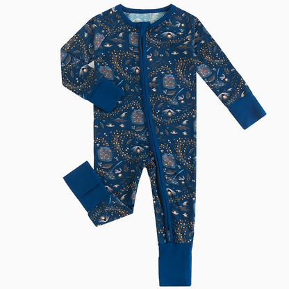 Summer Night Fireflies Printed Dark Blue Bamboo Zippy Romper