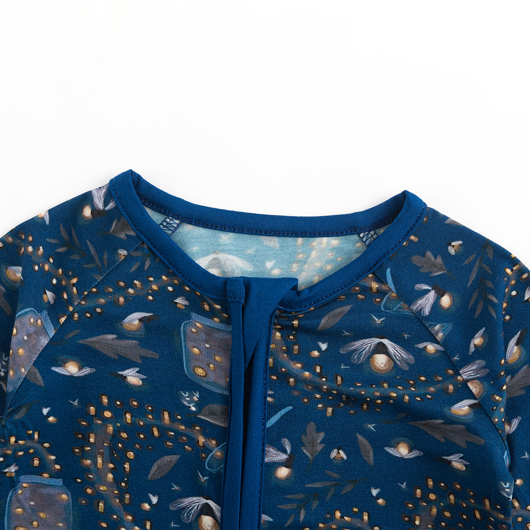 Summer Night Fireflies Printed Dark Blue Bamboo Zippy Romper